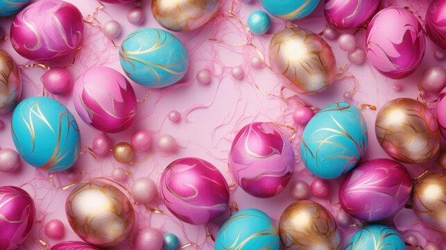 Easter pink, blue and golden eggs with painted on pink background, Top view