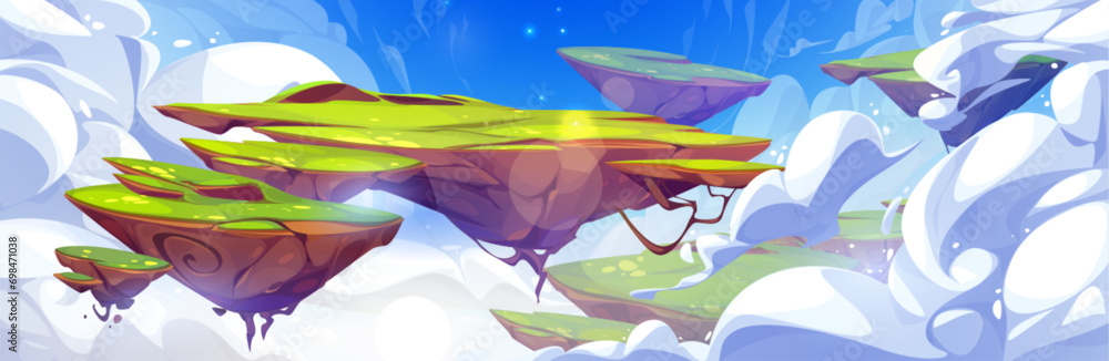 Poster ground islands with green grass floating in sky among fluffy clouds. flying pieces of lend for game 