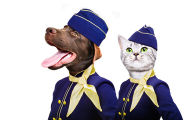 Portrait of a Labrador dog and a cat Scottish Straight in a flight attendant costumes isolated on a white background