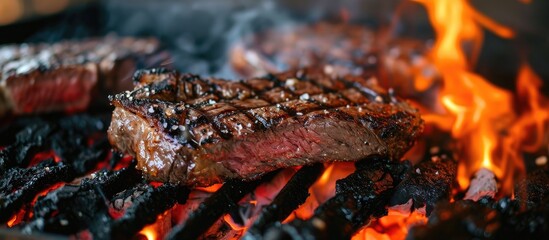 Cooking a New York beef steak on a grill with hot coals and smoke. - obrazy, fototapety, plakaty