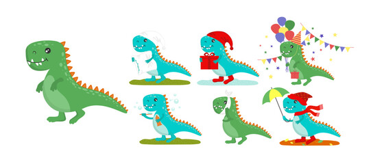 Set of cute dinosaurs. Dinosaur Christmas, Autumn, with a toothbrush, toothache, with a pillow.