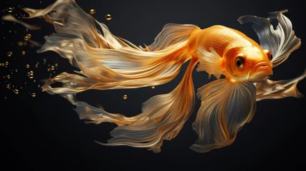 Fotobehang  a goldfish in a black background with bubbles of water in it's mouth and its tail blowing in the air. © Olga
