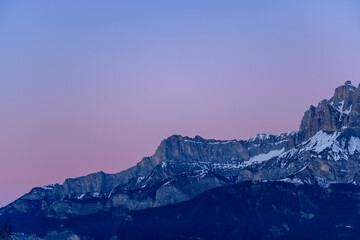 Aup de Véran at dusk in Europe, France, Rhone Alpes, Savoie, Alps, in winter, on a sunny day.