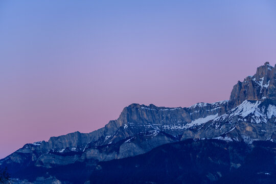Aup de V&eacute;ran at dusk in Europe, France, Rhone Alpes, Savoie, Alps, in winter, on a sunny day.