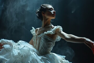 Portrait of incredibly beautiful ballerina on the stage of the theater in shiny costume and tutu in front of the audience, immersion in professional work, dancer, actress - obrazy, fototapety, plakaty