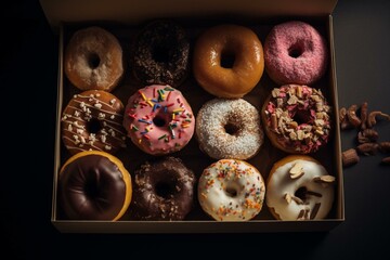 A bird's eye view of multiple donuts placed in a box. Generative AI