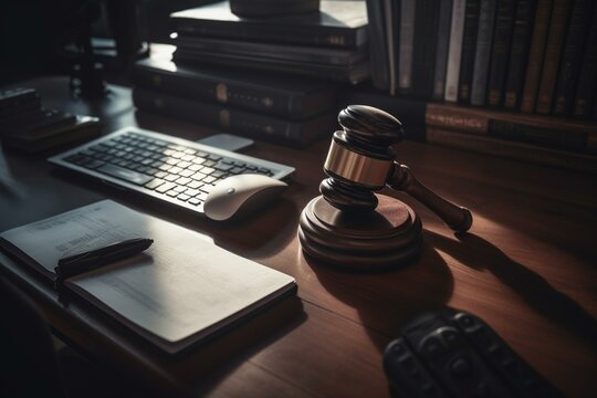 Legal and computer technology intersect as a judge's gavel rests next to a laptop computer on a wooden table with online legal documents. Generative AI