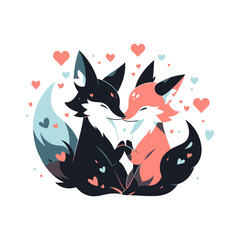 Valentine's day greeting card with cute foxes and heart. Vector illustration.