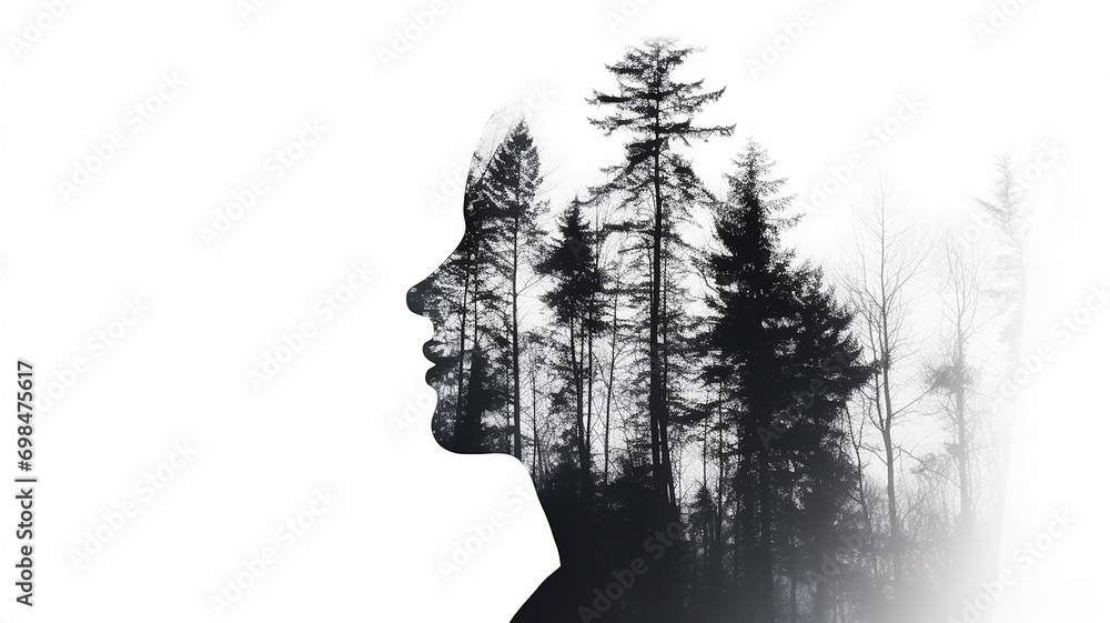 Sticker silhouette of a woman, multi-exposure nature, on a white background