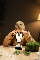 Schoolboy with microscope plant study sitting at home in the evening, increasing and studying nature