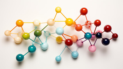 abstract schematic representation of the molecular structure, the relationship of atoms, multicolored round objects in the relationship. fictional object