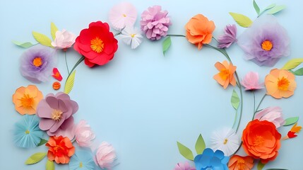 Colorful handmade paper flowers on light blue background with copy space in the center