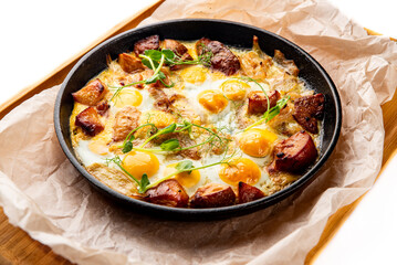 Fried eggs on a frying pan isolated on white background