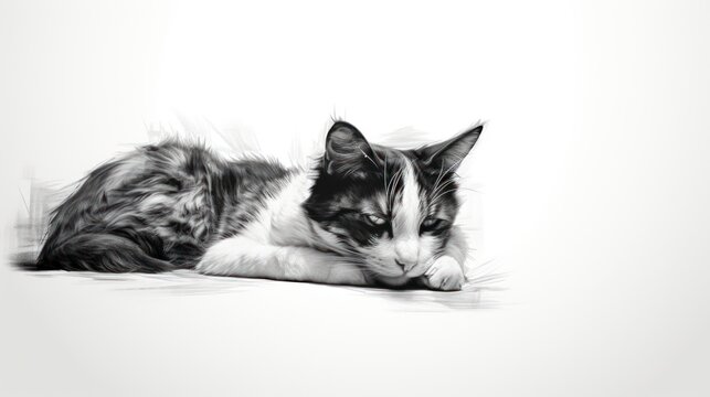  a black and white cat laying on top of a white floor next to a black and white picture of a cat.