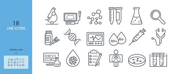 Clinical trials, research, study line icon set. Medical laboratory. microscope,test tubes,centrifuge, ultrasound machine,blood, stethoscope, dna, genetic analysis,rhesus factor. Editable stroke.