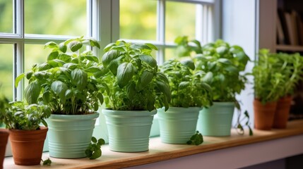  a row of potted plants sitting on top of a window sill in front of a window sill.