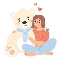 Happy in love woman with white teddy bear toy. Happy romantic female character valentine. Vector illustration.