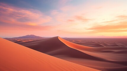 a desert landscape with sand dunes and a mountain in the distance with a pink and blue sky in the background. - obrazy, fototapety, plakaty