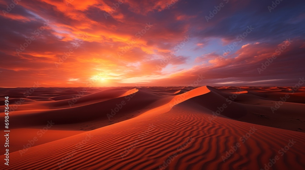 Poster the sun is setting over a desert with sand dunes in the foreground and a few clouds in the sky.