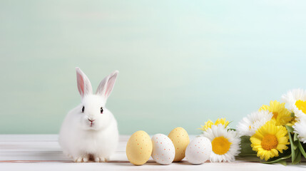 Naklejka na ściany i meble Cute Easter bunny with eggs and flowers on light blue backgound