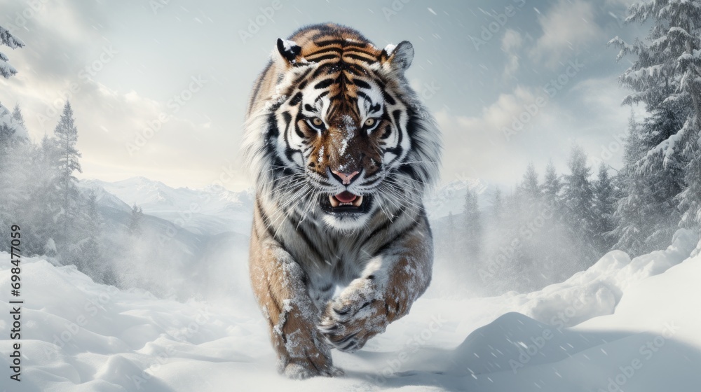 Poster a digital painting of a tiger running through a snow covered forest with snow falling on the ground 