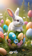 Adorable bunny with Easter eggs on a flowering meadow. Easter egg concept greeting card,