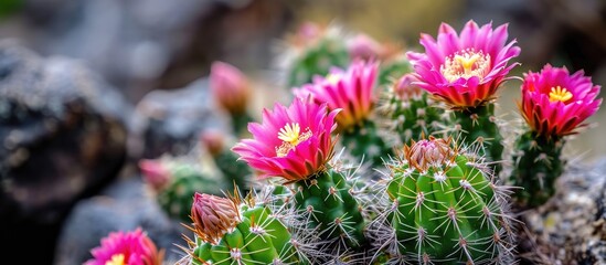 Close-up macro photo showcasing the natural beauty of wild cactus with vibrant green spiky pink blossoms in spring.