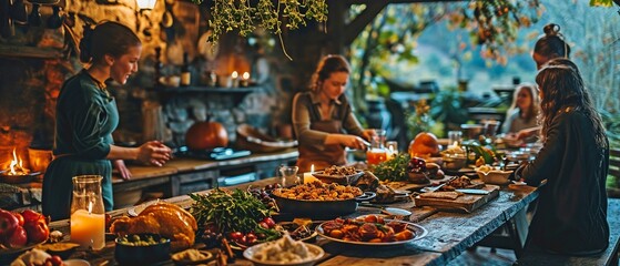 Diners at a beautifully decorated Thanksgiving table stuffed with delectable foods.