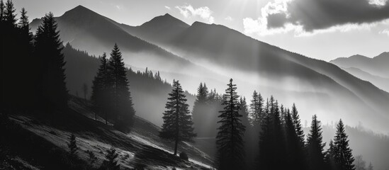 Carpathian mountain silhouette in monochrome - black and white image. - obrazy, fototapety, plakaty