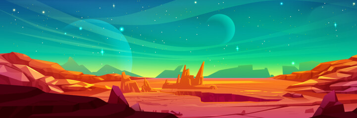 Alien planet scenery with red terrain under nighttime sky with stars and celestial bodies. Cartoon fantasy cosmos landscape with rocks, hills and cracks. Fantastic ground surface of open space planet. © klyaksun