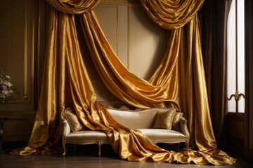 The image shows a luxurious living room with a plush velvet couch positioned under a canopy of gold curtains. 