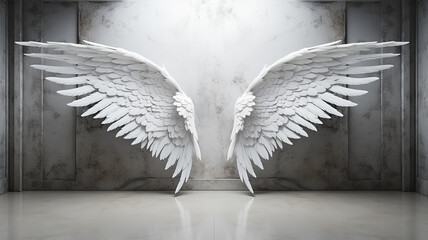 huge angel wings on a white wall background art object to insert design - obrazy, fototapety, plakaty