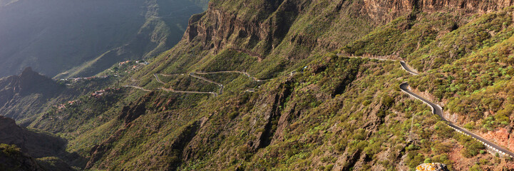 Panorama image. Winding road to Masca village in Tenerife, Canary islands