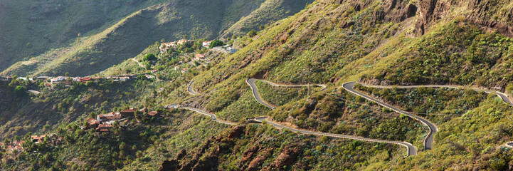 Panorama image. Winding road to Masca village in Tenerife, Canary islands