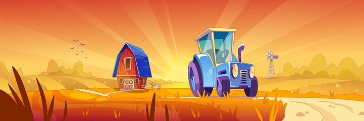Cartoon autumn farm landscape with red wooden barn, blue tractor on road in field on sunset or sunrise. Rural fall agriculture scenery with yellow and orange sky. Ranch with house and transportation.