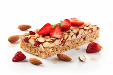 Almond nut bar with strawberries on white background generated.AI