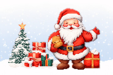 Cross stitch pattern of Santa Claus holding his presents, in the style of pixelated. Embroidered deer and snowy village