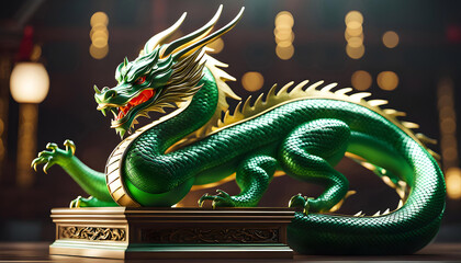 Chinese New Year greeting card, Chinese green wooden dragon on elegant background, Chinese New Year 2024,	
