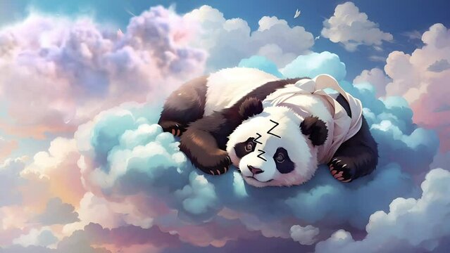 Serenity Above: A Charming Panda Asleep on the Cloud - Seamless Looping Video Animated Background. 4K High Resolution.
