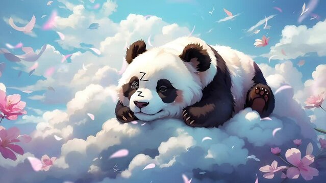 Peaceful Dreams: A Cute Panda Sleeping on Cloud - Seamless Looping Video Animated Background. 4K High Resolution.