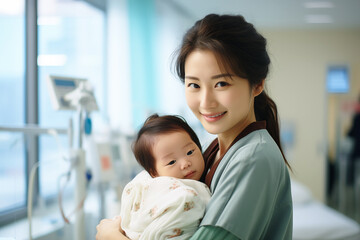 Fototapeta premium Happy Japanese Woman with Newborn
