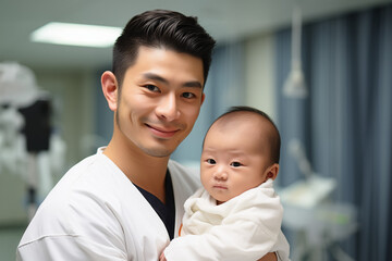 Smiling Japanese Man with Newborn