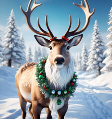 A Reindeer with a wreath around its neck