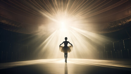 the silhouette of a ballerina on stage in a contoured theatrical lighting