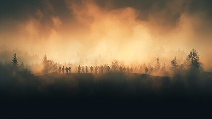 panorama of a forest fire. a group of silhouettes of people watching the landscape glow of a large wild forest fire, natural disaster cataclysm, climate warming