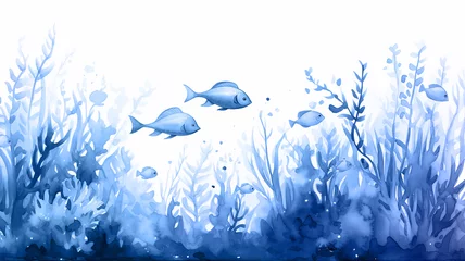 Poster coral reef underwater, blue watercolor illustration, fish and corals ocean nature, cartoon image on white background © kichigin19