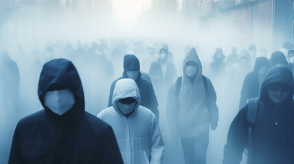 epidemic, a group of people wearing medical masks on their face, abstract blurred background - obrazy, fototapety, plakaty