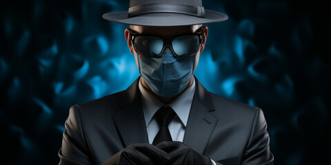 Business Mann mit Anzug und Hut anonym in Maske im Querformat für Banner, ai generativ - obrazy, fototapety, plakaty