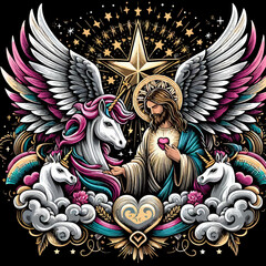 A colorful art of a jesus with wings and a unicorn vector design 7 illustration designs prints