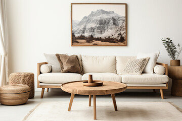 Round wooden coffee table near white sofa against wall. Scandinavian home interior design of modern living room.
